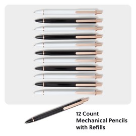 U Brands Cambria Mechanical Pencils, Set of 12, White and Black, Rose Gold Details, Medium (0.7 mm) Point, Lead and Eraser Refills