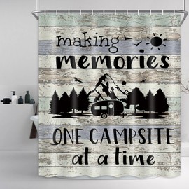 Drgilau - Cortina de ducha para caravana pequeña, estilo retro, de madera rústica, con temática de camping, motor RV, cortina de ducha impermeable, juego de 12 ganchos, 47 x 64 pulgadas