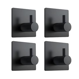 Black Adhesive Towel Hooks, Heavy Duty Stainless Steel Stick on Wall Hooks Damage Free Hooks for Hanging Towel Coat Robe, Waterproof Oilproof Rustproof Hooks for Bathroom Shower Kitchen -4 Pack