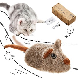Vayinana Cat Toys Interactive for Indoor Cats Best Automatic Moving Cat Toys Electronic Chirping Mouse Toy Squeaky and Wagging Tail (Brown)