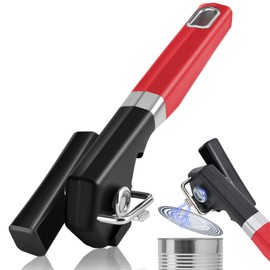 2 in 1 Safety Can Opener Manual Smooth Edge & Bottle Opener, No-Trouble-Lid-Lift Manual Can Opener with Magnet, Large Rubber Handle & Stainless Steel Blade, Side Cut Hand Can Opener for Kitchen (Red)