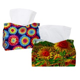 2 Pack Tissue Box Cover Holder, Sunflowers Painting Rectangle Leather Tissue Case, Decorative Organizer for Tabletop, Bathroom, Car, Office