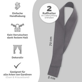 Blumtal Raffhalter für Vorhänge 2X - Vorhang Raffhalter 72x5 cm - waschbare Gardinenhalter Blickdicht - Raffhalter für Gardinen/Gardinen Raffhalter für Verdunkelungsvorhänge&Gardinenschals Dunkelgrau