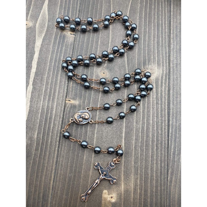 Nazareth Store Hematite Rosary Black Stone Beads Necklace with Jerusalem