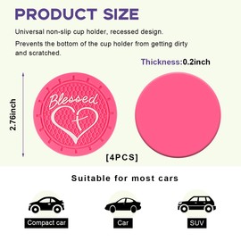 Dickno 4PCS Car Cup Holder Coaster, 2.76 Inch Blessed Cross and Heart Christian Drink Mat, Soft PVC Non-Slip Shockproof Insert Cup Coaster for Women Girls, Interior Car Accessories (Rose Red)