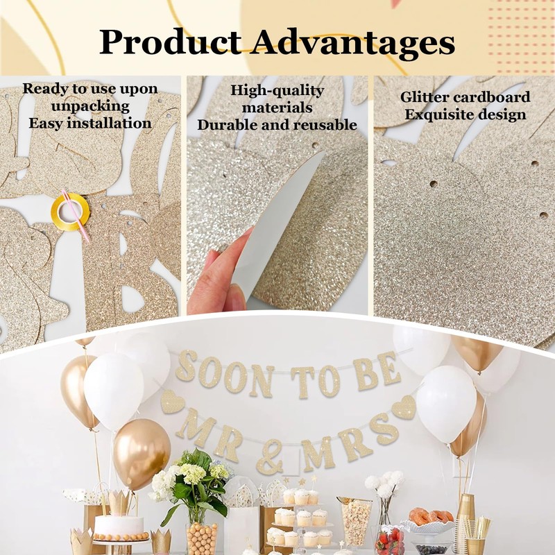 Daxilonyz Gold Glitter “Soon to Be Mr & Mrs” Banner,