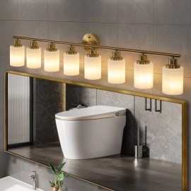 8 Light Modern Vanity Wall Sconce 52\" Golden Finish with Frosted Glass Shades for Bathroom & Hallway Lighting No Bulbs NeededMaterial: Iron, Color: Coppery Color
