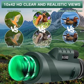 Black hole 10X42 HD Monocular Telescope High Power, Waterproof HD Pocket Monoculars Scope for Adults, Monocular with BAK4 Prism and FMC Lens for Bird Watching Hiking Camping, Green
