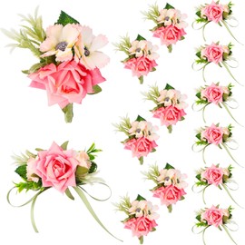12 Pcs Boutonniere and Corsage for Wedding Party Flower Wrist Corsages with Pins for Men Women Groom Bride Groomsmen Prom Ceremony Anniversary Dinner Decor (Pink)