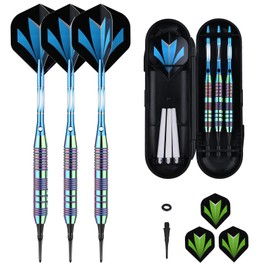 sanfeng Darts with plastic tip for electronic dartboard, 21 g, soft darts with blue aluminium shaft, 6 flights, 50 anti-loose rubber rings, 50 tips