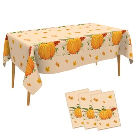 3 PCS Fall Tablecloths(54x108 Inch) Rectangle Disposable Plastic Thanksgiving Tablecloth Table Covers Cloths Pumpkin Autumn Maple Leaves Table Decor Harvest Friendsgiving Party Supplies Decorations