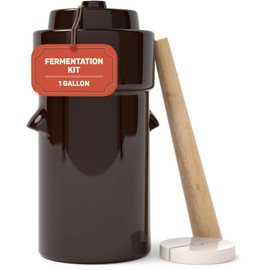 Fermentation Crock 1 Gallon - Sauerkraut Crock with Lid, Weights & Pounder - Ceramic Fermenting Crock Kit for Pickling Cabbage Kimchi Vegetables - 4 Liter Fermentation Jar - Stoneware Pickle Pot