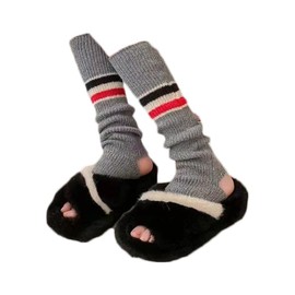 aoozleny Women Cashmere Leg Warmer with Three Stripe, Women's Long Sleeve Warm Calf Socks (Gray)