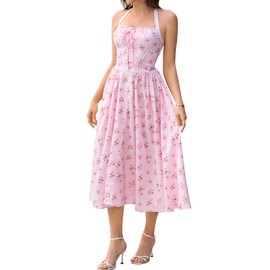 KUTUMAI Summer Floral Corset Midi Dress Halter Smocked Sundress Flowy A Line Beach Wedding Guest Dresses for Women 2025 Pink XL