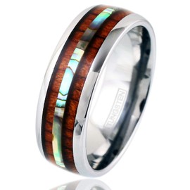 King's Cross Exquisite & Elegant 6mm/8mm Silver Tungsten Carbide Wedding Band w/Beautiful Koa Wood & Abalone Inlays (Tungsten (8mm), 11)