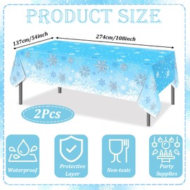 2 Pcs Christmas Plastic Tablecloth,54” x 108” Winter Blue Snowflakes Tablecloth,Christmas Rectangle Waterproof Table Cover for Winter Holiday Family Dinner Christmas Party Decorations