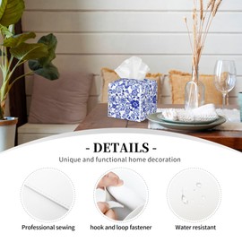 QCBBIRC Blue Porcelain and PU Leather Square Tissue Box Cover, Classic Style, 5.2"L x 5.2"W x 5.2"H