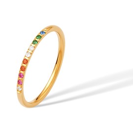munone Half Eternity Rainbow Ring for Women,18K Gold Plated Multi Color AAAAA Created-Gemstone Stackable Wedding Band Ring