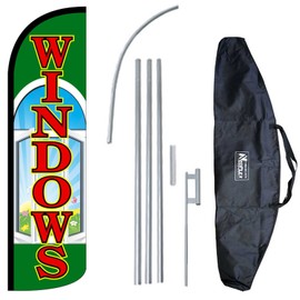 "Windows" 12-Foot King Size Complete Swooper Feather Flag and Case Set...Includes 12-Foot Flag, 15-Foot Pole, Ground Spike, and Carrying/Storage Case