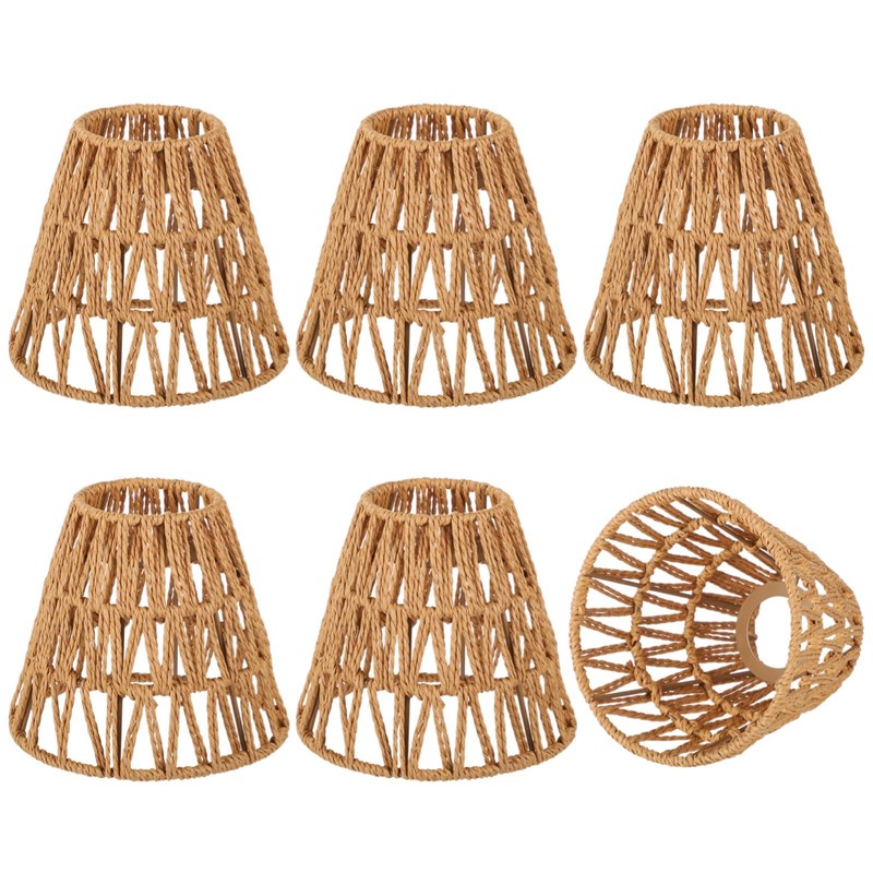 6 PCS E27 Rattan Lamp Shade,Bell Woven Wicker Lampshades Replacement,Paper