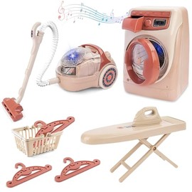Juego de Lavadora de Juguetes y Aspiradora para Niños, Mini Juego Aspiradora, Juego de Lavandería Incluye Plancha y Percha, Juego de Limpieza para Niñ