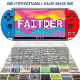FAITDER-X12 Plus 7-inch HD Screen Handheld Portable MP5, 10000+ Free Games，Dual Joystick Nostalgic Arcade Video Game Machine 16GB ROM, Support GBC/GBA/NES/MD/SMC/SFC Games,Children's Gifts(Red & Blue)