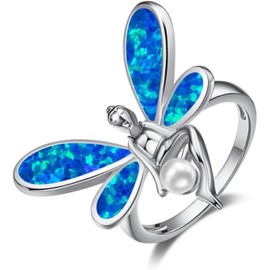 Anillo De Ópalo Azul Blanco Vintage para Mujer, Anillo De Compromiso De Color Rosa Y Dorado Y Plateado, Anillos De Boda De Perlas con ala De Hada para Mujer