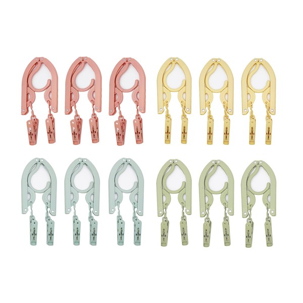 ALLMIRA Folding Hangers, Portable Hangers, Travel Hangers, 4 Colors, Set of 12, 24 Clips, Foldable, Portable, Laundry, Drying Clothes, Convenient, Lightweight, Multifunctional, Space Saving, For Travel, Business Trips, Commerce, Outdoors, etc