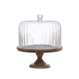 Creative Co-Op 12 Inches Round Acacia Wood Pedestal with Fluted Glass Cloche, Natural, Set of 2