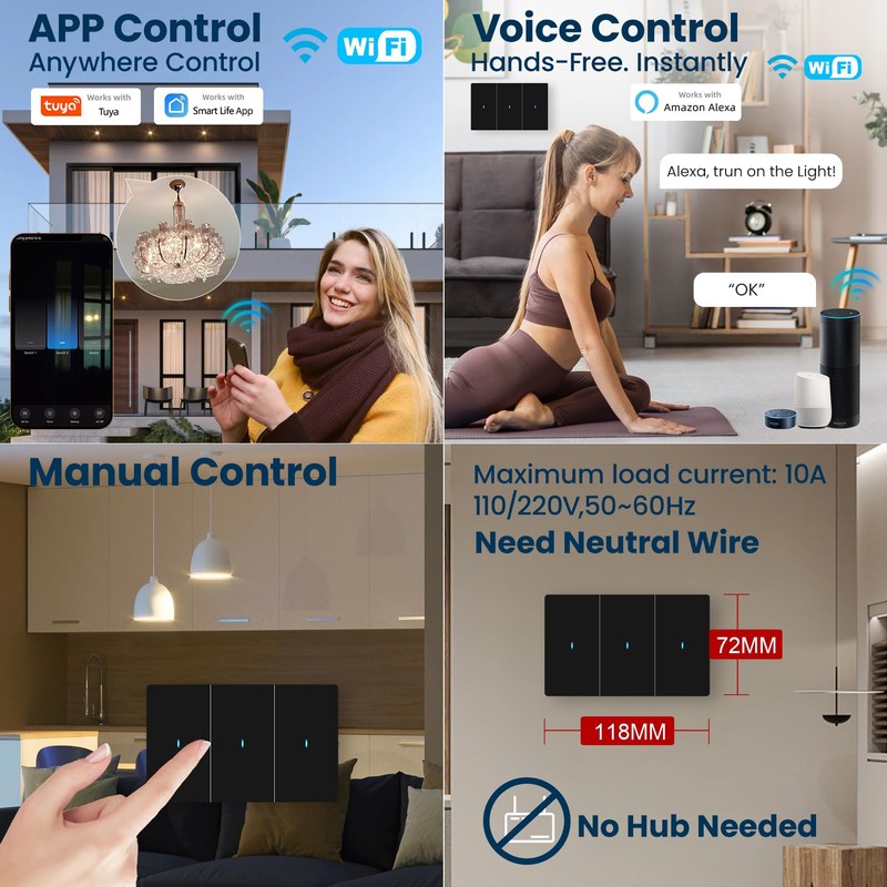 LOUYSGEN Smart Light Switch Need Neutral Wire,FCC Certified,2.4GHz WiFi Push