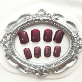 Burgundy Square Press on Nails Short Fake Nails with Glitter Designs Full Cover Short Glue on Nails Press ons Square False Nails Simple Stick on Nails for Women 24 Pcs