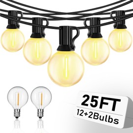 Abeja 25FT LED G40 Globe String Lights, Waterproof Outdoor Patio String Lights with 12+2 Dimmable Edison Bulbs, Hanging Bistro Light for Balcony Party Wedding Market Cafe-Black Wire