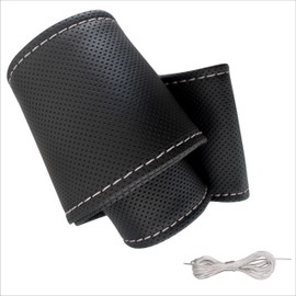 Steering Wheel Cover PU Leather Car Steering Wheel Cover for Lacing Sewing with Needle and Thread Polka Dot Universal Size 37-39 cm M2 Black White Stitching