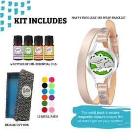 Wild Essentials Happy Frog Essential Oil Leather Wrap Bracelet Diffuser Kit, Gift Set, Lavender, Lemongrass, Peppermint, Orange Oils, 12 Pads, Customizable Color Changing Perfume Jewelry, Aromatherapy