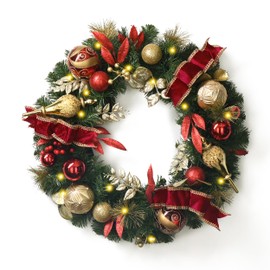 Valery Madelyn 24 Inch Pre-Lit Christmas Wreath for Front Door with Light, Large Lighted Christmas Wreath with Red Gold Xmas Ball for Fireplace Window Outdoor Table Centerpiece Holiday Home Decoration