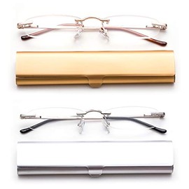 2 Pack Compact Reading Glasses in Tube Slim Rimless Reader in Aluminum Case
