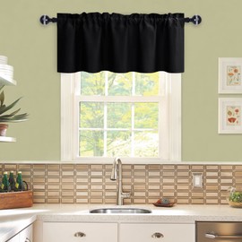 JIUZHEN Blackout Valance Short Curtains for Kitchen - Rod Pocket Valances Solid Curtains for Small Window Living Room Bedroom Darkening Bathroom, 52 x 18 Inch Length,Black,1 Panel