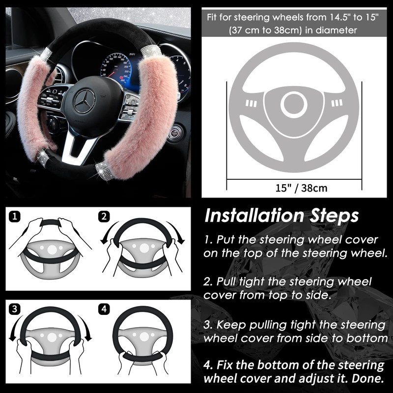 Achiou Rhinestone Fluffy Steering Wheel Cover - Comfortable Non-Slip Luxury