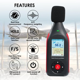 Decibel Meter Sound Level Meter Data Logger with Visual Alarm, 43,000 Data Record SPL Monitor Sound Reader Colored Screen Display PC Connection for Home, Factory, Classroom etc.