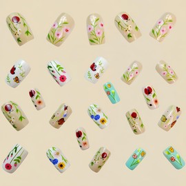 Flower Press on Nails Short Square Fake Nails Small Wild Florals Design Glue on Nails Spring Nude Nails Press ons Full Cover Glossy Stick on Nails Acrylic False Nails for Women 24 Pcs