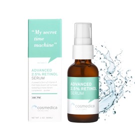 Cosmedica Skincare SUERO DE RETINOL AL 2.5%. Estimula la producción de colágeno y combate las secuelas de acné. Con acido hialuronico y Te verde.