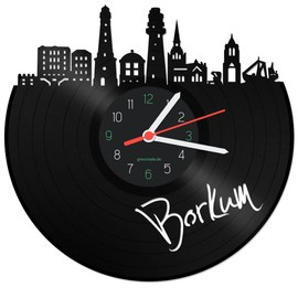 GRAVURZEILE Vinyl Record Clock - Skyline Borkum - Wall Clock Made of Cast Vinyl with City Skyline 30 cm - Upcycling Designer Clock - Modern Wall Clock in Retro Vintage Style - Made in Germany