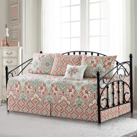 Home Soft Things 6 Piece Quilted Microfiber Daybed Bedding Cover Set, Soft Lightweight All Season Coverlet Set with Bedskirt, Matching Shams, Decorative Pillow, 75" x 39", Bennington Damask Coral