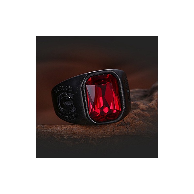Black Stainless Steel Red Crystal Signet Biker Ring (S)