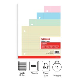 STAPLES Wide Ruled Filler Paper, 8” x 10.5”, White, 120 Sheets/Pack