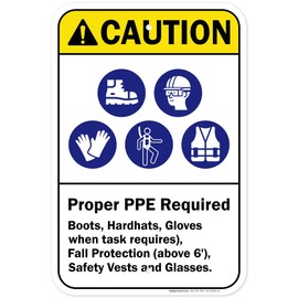 Caution Proper Ppe Required Boots Hardhats Gloves Safety Vests And Glasses Sign, 12x18 Inches, Rust Free .063 Aluminum, Fade Resistant, Made in USA by My Sign Center