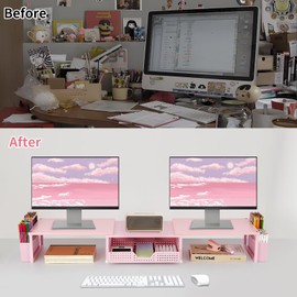 OPNICE Desk Dual Monitor Stand Riser - Wood Desk Organizer with Drawer and Pen Holders, Office Desk Accessories & Workspace Organizers, Office Organization Computer Monitor Stand for Laptop, Printer, TV, Office Decor, Girl Pink