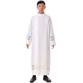 BLESSUME Priest ALB Liturgical Church Garment Cross Lace Box Pleated ALB, White, X-Large