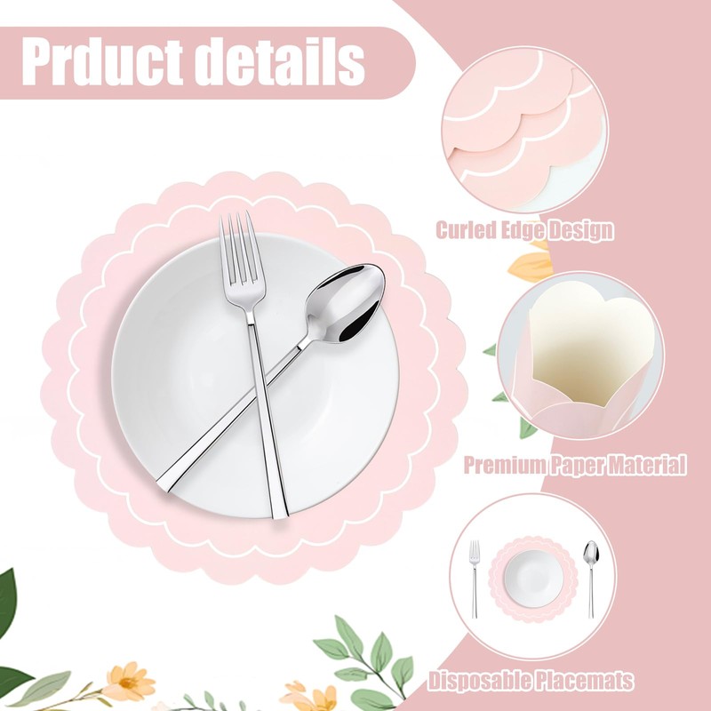 50pcs Pink Disposable Paper Placemats – Scalloped Round Table Place