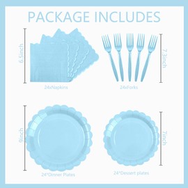 heirox 96PCS Light Blue Party Supplies Include Baby Blue Scalloped Plates Disposable Dinner Plates and Napkins Plastic Forks for Wedding Baby Shower Birthday Party Table Decor,Serve 24
